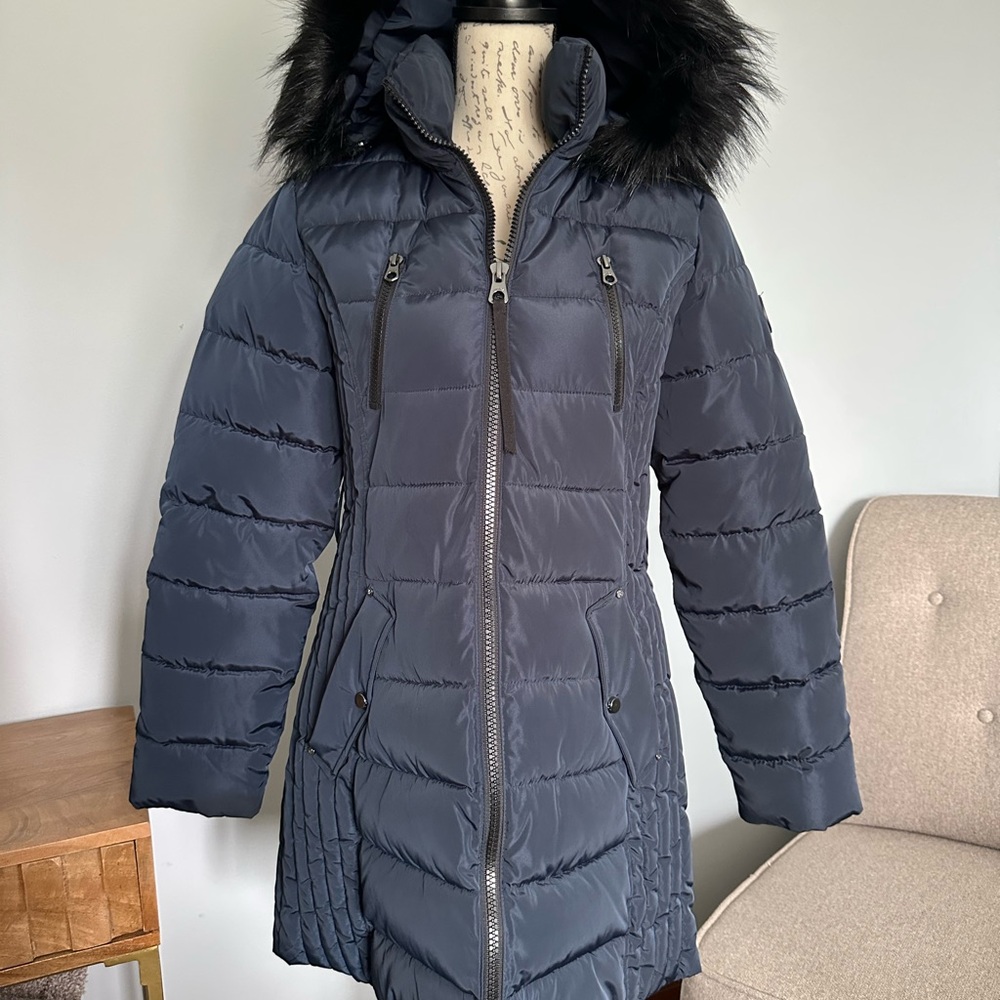 Nautica Women's Navy Puffer Jacket with Faux Fur Hood